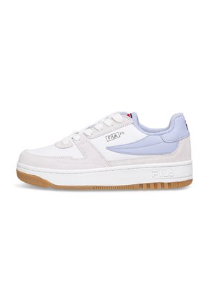 White and light blue sneaker with a rubber gum sole, suede accents, round laces, and a prominent logo on the side.