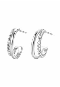 Pendientes de aro plateados con un diseño suave y curvado, detalles de cuentas en un lado y cierre de poste estándar para un uso seguro.