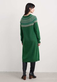 Zelena pletena obleka s dolgimi rokavi, ki ima vzorčast ovratnik v svetlejših odtenkih. Obleka je do kolen in ima rebrast rob ter robove rokavov.