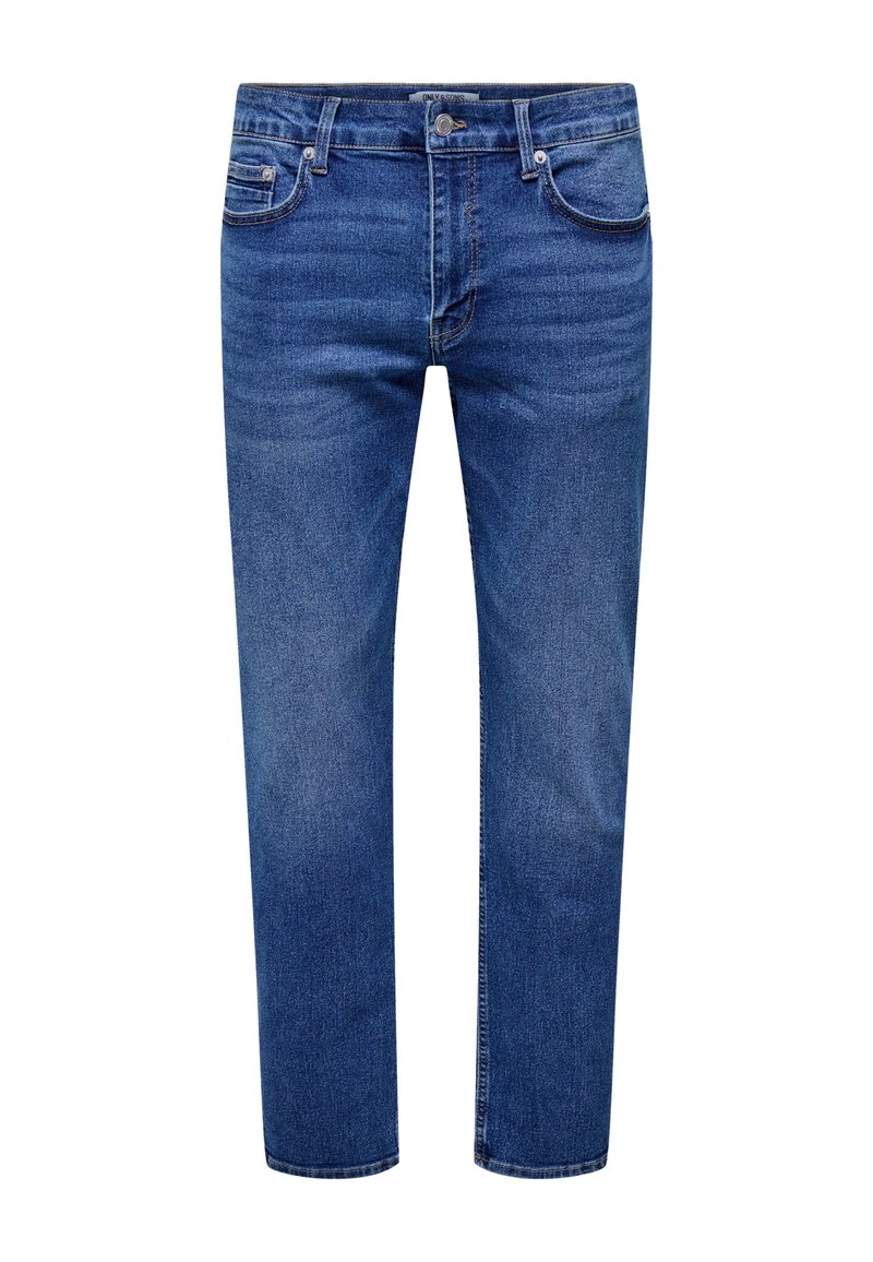 Blå rette denimjeans med frontknapp, beltehemper og fem-lommersdesign som viser lett falming rundt lårene.