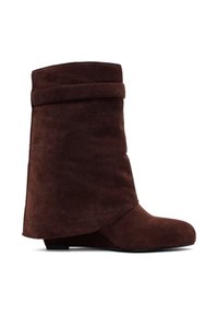 Brown suede ankle boot with a folded cuff, rounded toe, and a low wedge heel. Smooth texture and minimalist design with no visible hardware.