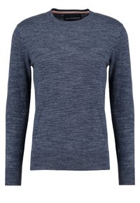 Pull tricoté bleu marine avec une finition texturée, manches longues et encolure ronde. Présente un bord de cou intérieur contrastant.