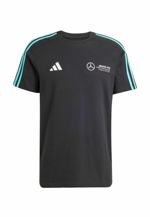 Black short-sleeve t-shirt with turquoise three-stripe design on shoulders. Features white Adidas logo and Mercedes-Benz emblem on the chest.