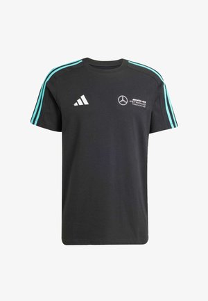 Schwarz, kurzärmliges T-Shirt mit türkisfarbenem Dreistreifen-Design auf den Schultern. Mit weißem Adidas-Logo und Mercedes-Benz-Emblem auf der Brust.