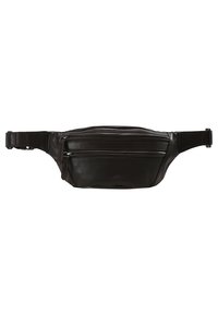 Schwarze Leder-Gürteltasche mit glatter Textur, ausgestattet mit zwei Reißverschlussfächern, einem verstellbaren Riemen und einem eleganten, minimalistischen Design.