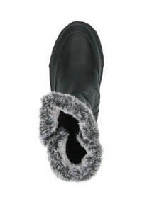 Bota de cuero negro con un suave puño de piel sintética gris y una suela resistente. Punta redondeada y detalles de costura mínimos en la parte superior.