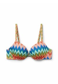 Farbiger Bikini-Oberteil mit einem Zickzackmuster in Orange, Blau, Grün und Weiß. Weicher Stoff mit verstellbaren Trägern und einem Verschluss.