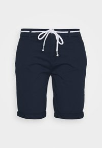 Mörkblå bomullsshorts med dragsko i midjan och vita detaljer. Uppvikta fållar och en mjuk textur, lämpliga för avslappnad klädsel.