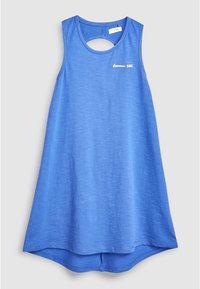 Niebieska sukienka bez rękawów z okrągłym wycięciem z tyłu, wykonana z miękkiego, lekkiego materiału o luźnym, zwiewnym kroju.