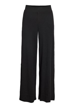Melnas plaša stila bikses ar augstu elastīgu jostu un smalku ribotu tekstūru, veidotas vaļīgai un ērti pieguļošai valkāšanai.