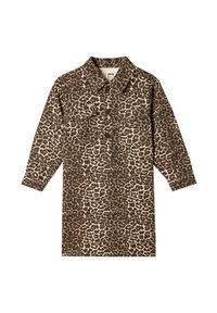 Leopardprint kjole med lange ærmer, knaplukning foran og to brystlommer. Brune og beige farver skaber et dristigt, tekstureret mønster.