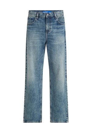 Light blue denim wide-leg jeans feature a high waist, a classic five-pocket design, and subtle fading for texture.