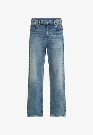 Lyseblå denimwide-leg jeans har høy midje, klassisk fem-lommers design, og subtil falming for tekstur.