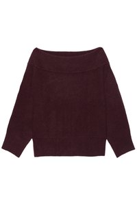Off-shoulder langærmet sweater i mørk bordeauxstrik med ribbet krave, manchetter og kant.