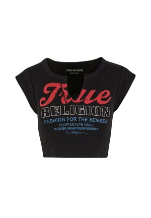 Musthave mustrõngadega must lühike pluus, millel on sakiline kaelus, punane tekst "True" ja valge tekst "Religion", samuti sinine loosung "Mood Aistingute Kõigele" ees.