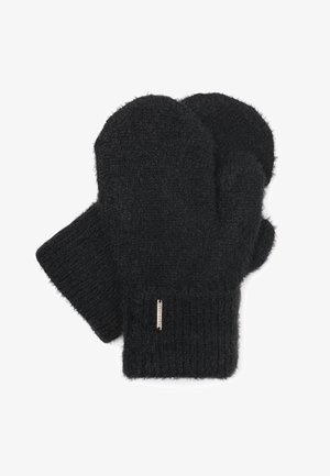 Guanti neri lavorati a maglia realizzati in un materiale morbido e peloso, con un polsino a coste e un piccolo logo argentato sul lato.