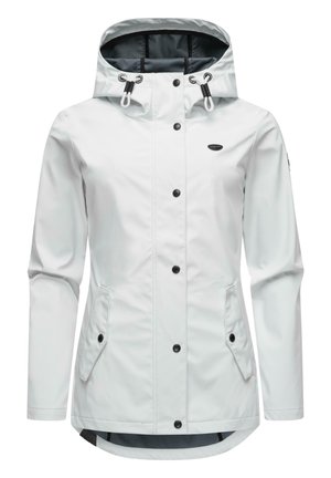 White waterproof jacket with a hood, black snap buttons, two side pockets, and contrasting inner lining visible at the collar and hem.