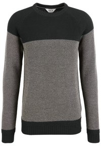 Pulover tricotat negru și gri, cu un model texturat, gât rotund și manșete și tiv dintr-un material rib. Mâneci raglan pentru o potrivire relaxată.