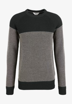 Svart og grå strikket genser med strukturert mønster, rund hals og ribbestrikkede erm- og nederkant. Raglanermer for en avslappet passform.