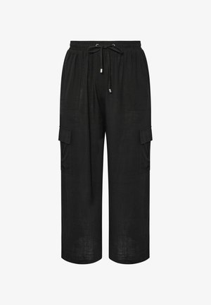Pantalons cargo noirs en tissu léger. Équipés d'une taille élastique avec cordon de serrage, de poches latérales et d'une coupe décontractée.