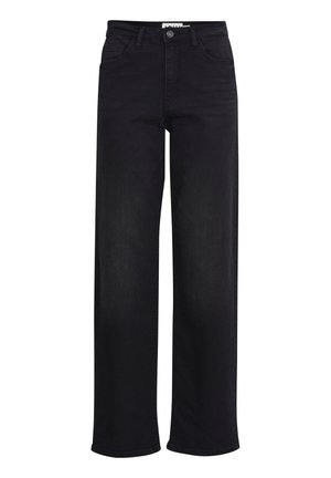 Black high-waist wide-leg jeans with front button and zipper, belt loops, and five-pocket design.