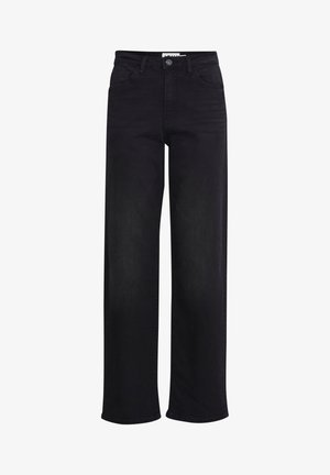 Jean noir taille haute à jambes larges avec bouton et fermeture éclair sur le devant, passants pour ceinture, et design à cinq poches.