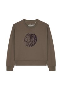 Bruine sweatshirt met een ontspannen pasvorm, voorzien van een ronde halslijn en lange mouwen. Graphic "Denk er niet teveel over na" in donkerblauw, gecentreerd op de voorkant.