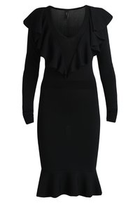 Robe noire avec manches volantées, encolure en V profonde, corsage ajusté, taille côtelée et ourlet évasé. Confectionnée en tissu tricot extensible.