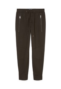 Dunkelbraune Sweatpants mit einem Kordelzugbund, schmal zulaufenden Beinen und zwei seitlichen Reißverschlusstaschen. Verfügt über strukturierte Knieeinsätze für zusätzlichen Stil.