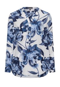 Langärmliges Hemd in Weiß, mit einem blauen Blumenmuster. Knopfleiste vorne mit V-Ausschnitt und gewelltem Saum. Weicher, leichter Stoff.