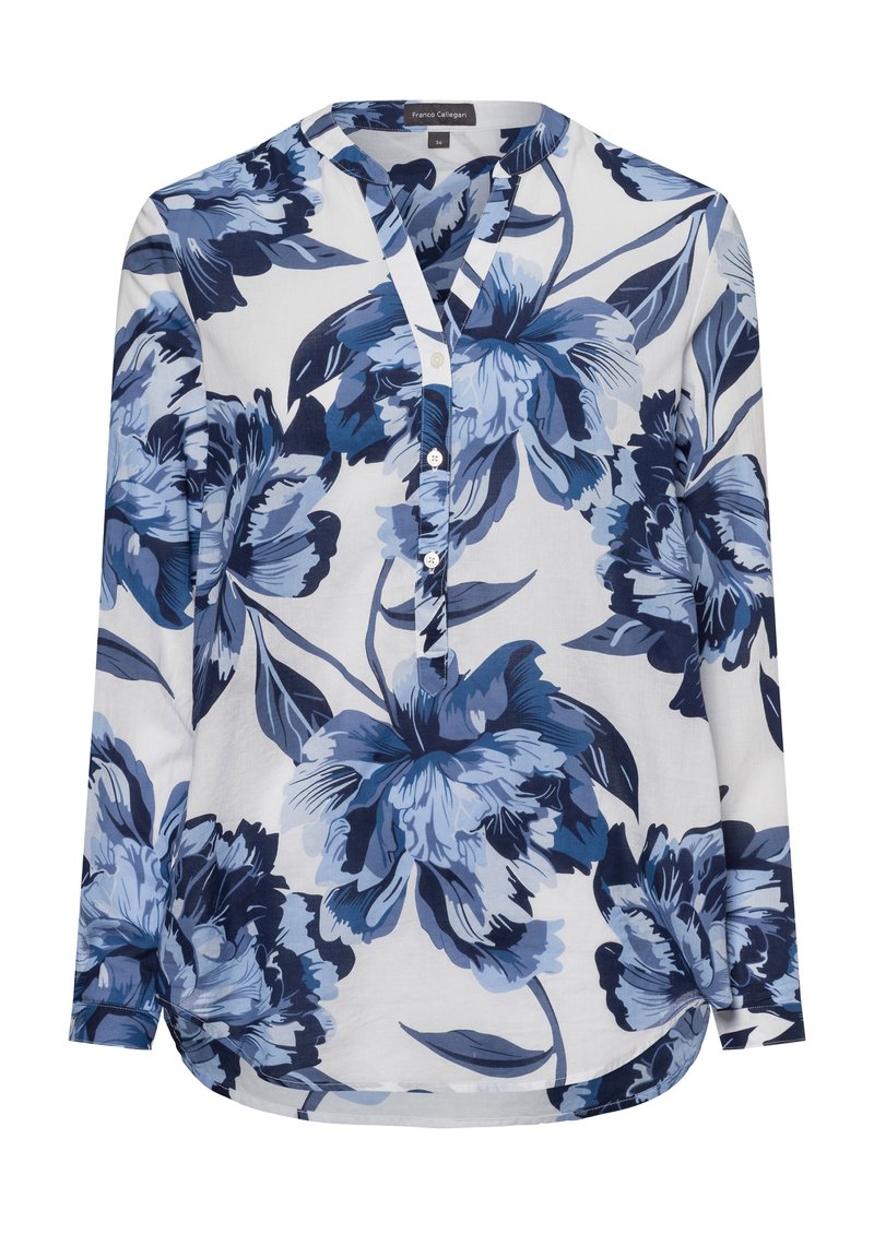 Langärmliges Hemd in Weiß, mit einem blauen Blumenmuster. Knopfleiste vorne mit V-Ausschnitt und gewelltem Saum. Weicher, leichter Stoff.