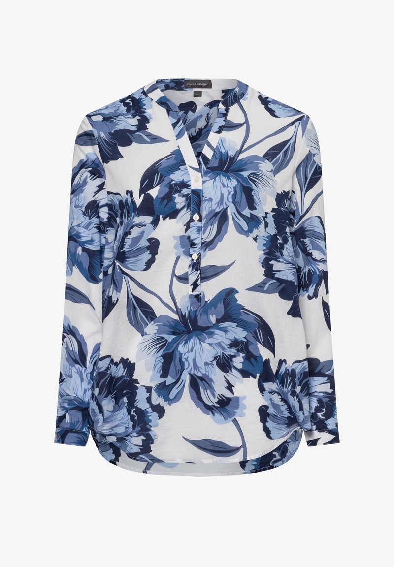 Langärmliges Hemd in Weiß, mit einem blauen Blumenmuster. Knopfleiste vorne mit V-Ausschnitt und gewelltem Saum. Weicher, leichter Stoff.