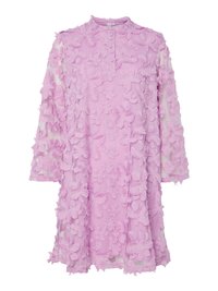 Pink sheer dress adorned with embroidered floral appliqués, featuring a high neckline, long sleeves, and button closure at the collar.