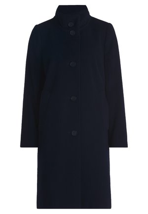 Marineblauer Wollmantel mit hohem Kragen, sechs Knöpfen auf der Vorderseite und seitlichen Taschen; hat eine gerade Silhouette und lange Ärmel.