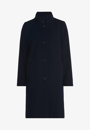 Navy blue wool coat with a high collar, six buttons down the front, and side pockets; features a straight silhouette and long sleeves.