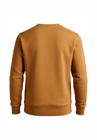 Bruine sweatshirt met ronde hals, ribboorden bij de mouwen en onderkant, gemaakt van glad stof met een effen textuur en een vaste kleur.