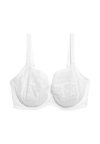 Reggiseno bianco in pizzo con ferretto, dettagli floreali, spalline regolabili e chiusura con gancio. Tessuto morbido e coppe sagomate per il supporto.