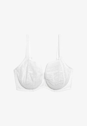 Reggiseno bianco in pizzo con ferretto, dettagli floreali, spalline regolabili e chiusura con gancio. Tessuto morbido e coppe sagomate per il supporto.
