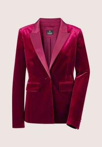 Dieprode fluwelen blazer met een satijnen sjawl-kraag, enkele knoopsluiting en twee voorkruimelzakken. Zachte textuur, gestructureerd ontwerp en lange mouwen.