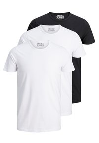 Three T-shirts in white and black, made of cotton. Each has a round neck and short sleeves, with a logo displayed on the neckline.