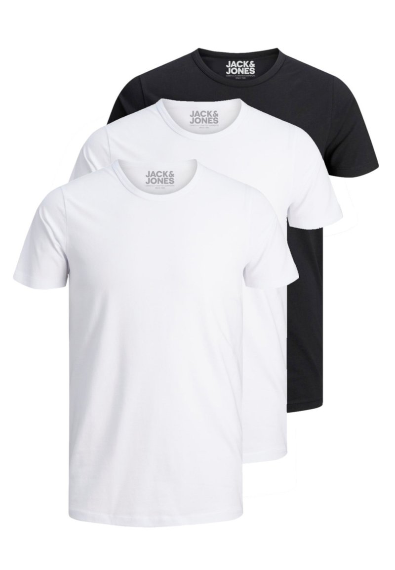 Three T-shirts in white and black, made of cotton. Each has a round neck and short sleeves, with a logo displayed on the neckline.