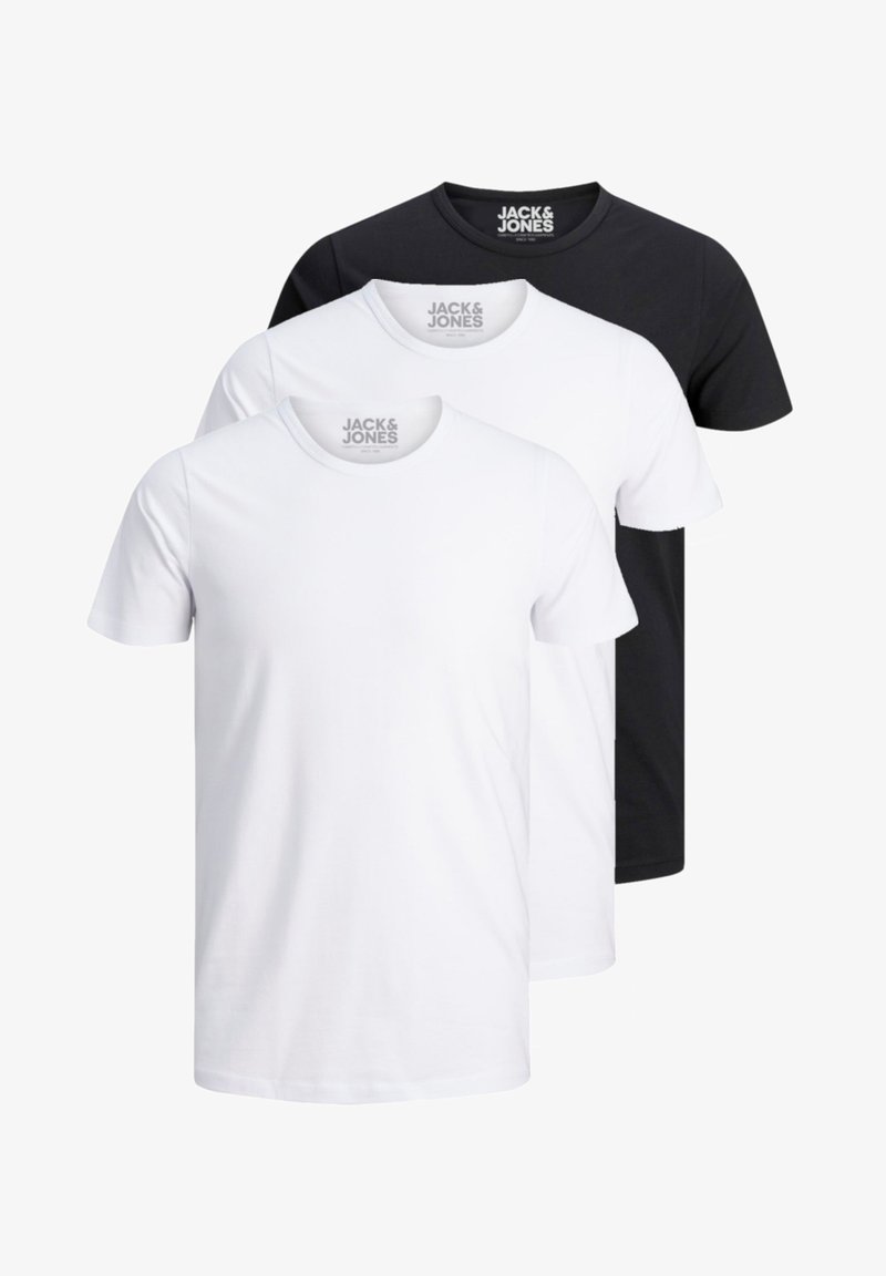 Three T-shirts in white and black, made of cotton. Each has a round neck and short sleeves, with a logo displayed on the neckline.