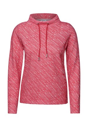 Suéter de manga larga en rojo con un patrón texturizado, que presenta un cuello alto y cordones con extremos metálicos, hecho de una tela suave.