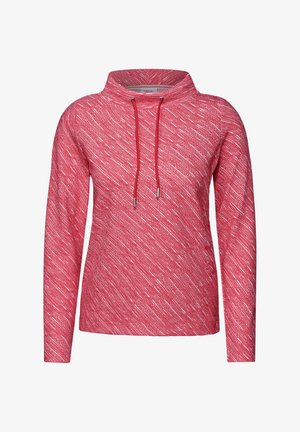 Suéter de manga larga en rojo con un patrón texturizado, que presenta un cuello alto y cordones con extremos metálicos, hecho de una tela suave.