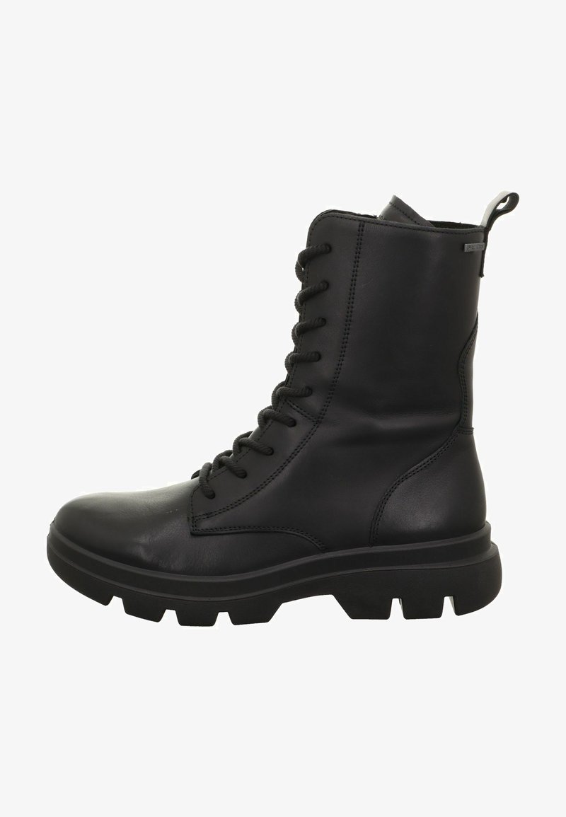 Czarne skórzane botki za kostkę na sznurówki z grubą podeszwą, charakteryzujące się gładkim wykończeniem i wzmocnionymi oczkami dla większej trwałości.