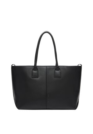 Schwarze Leder-Tote-Tasche mit zwei Griffen, strukturiertem Design, glatter Textur und minimalistischen Details, geeignet für den täglichen Gebrauch.