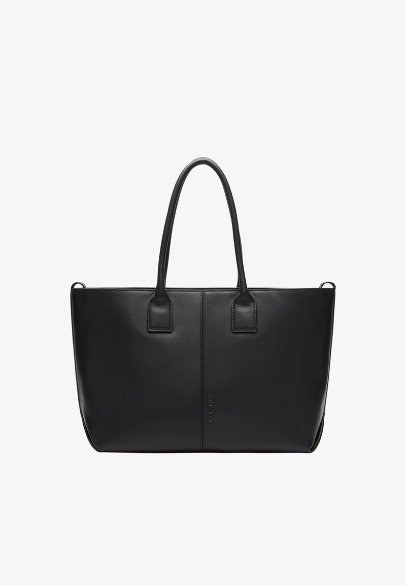 Schwarze Leder-Tote-Tasche mit zwei Griffen, strukturiertem Design, glatter Textur und minimalistischen Details, geeignet für den täglichen Gebrauch.