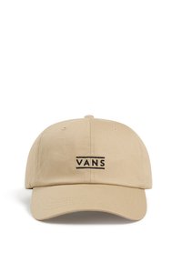Gorra beige con una corona redondeada, visera curvada y logotipo "VANS" bordado en negro en la parte frontal. Fabricada con tela suave y detalles de costura.