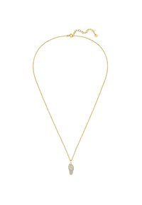 Guldkedja med ett mikrofon-hänge prytt med små klara stenar, som visar en texturerad design och en lås med en förlängningskedja.