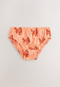 Oranžinė apatinių drabužių komplektas iš minkštos medžiagos, puoštas pasikartojančiu karikatūrinių paukščių raštu su juodais kontūrais ir akimis. Elastinga juosmens juosta.